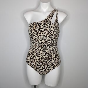 Ibiza black tan cheetah leopard print one shoulder one piece swimsuit L